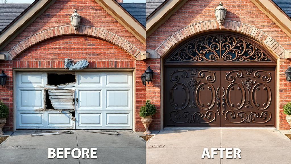 Before and after garage door installation showing dramatic improvement